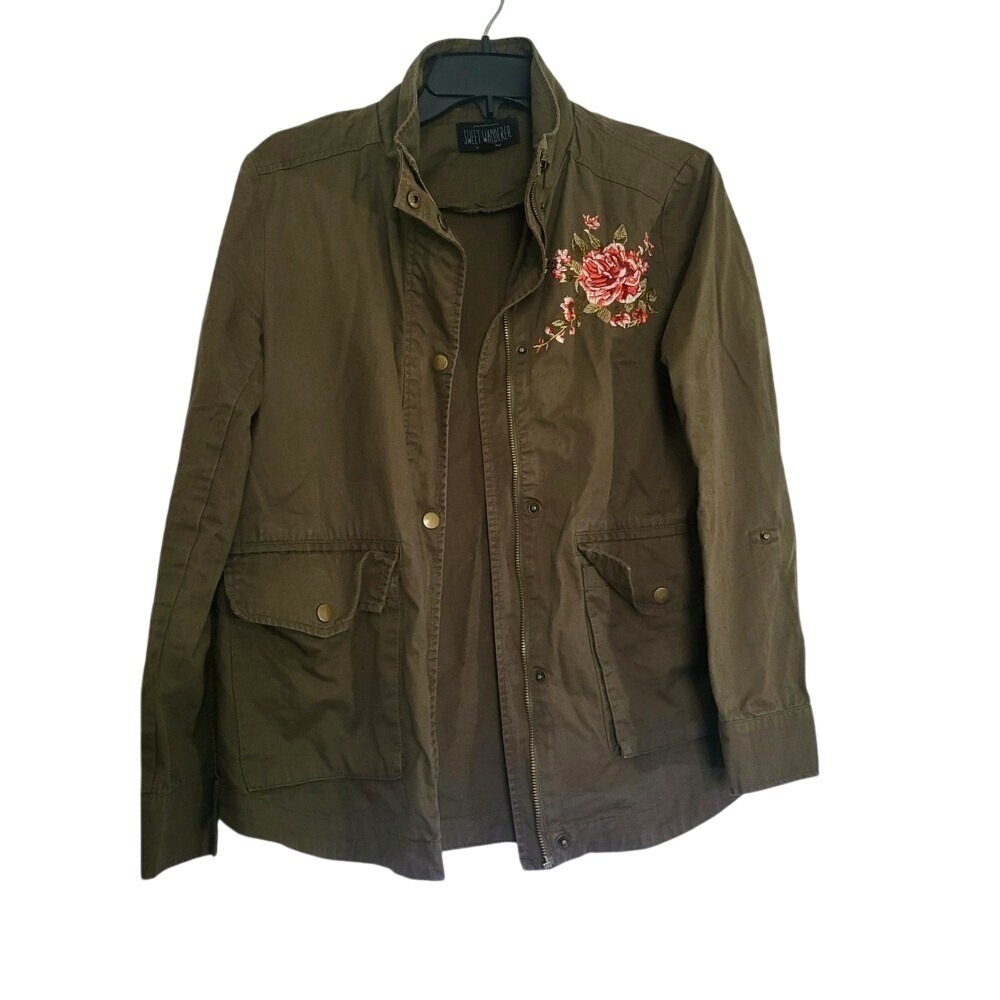 Sweet Wanderer Women Green Floral Embroidery Utility Jacket Small Military Style